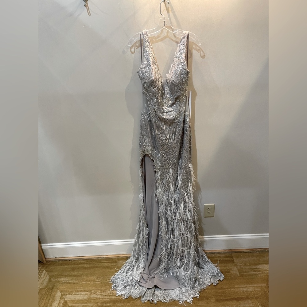 Silver Portia and Scarlett gown with feathers